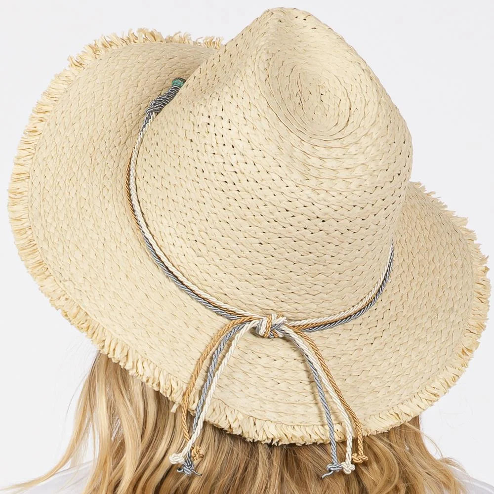 Straw cowboy hat with frayed brim and Braided Starfish Band for sun protection