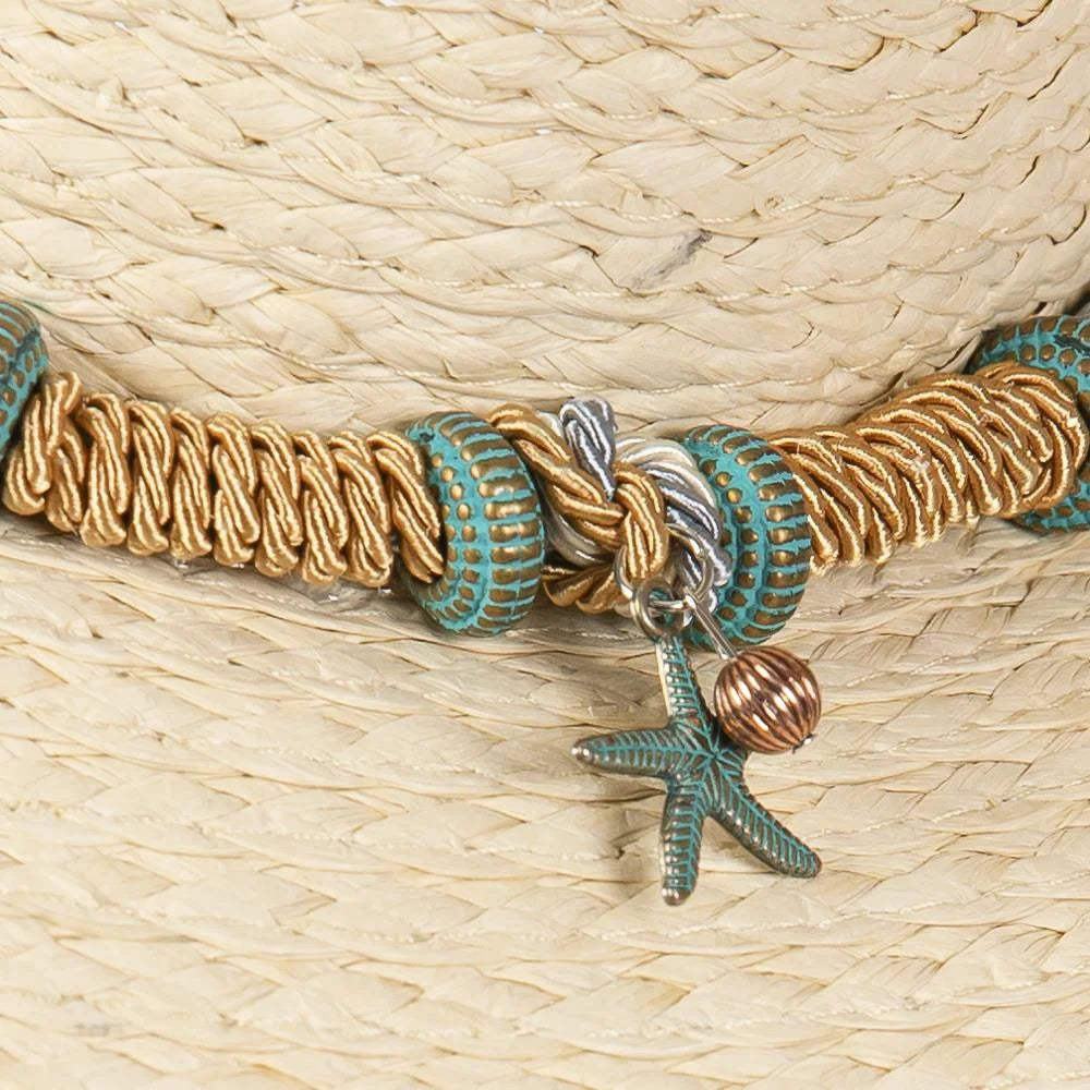 Straw sun hat with braided starfish band for stylish beach wear