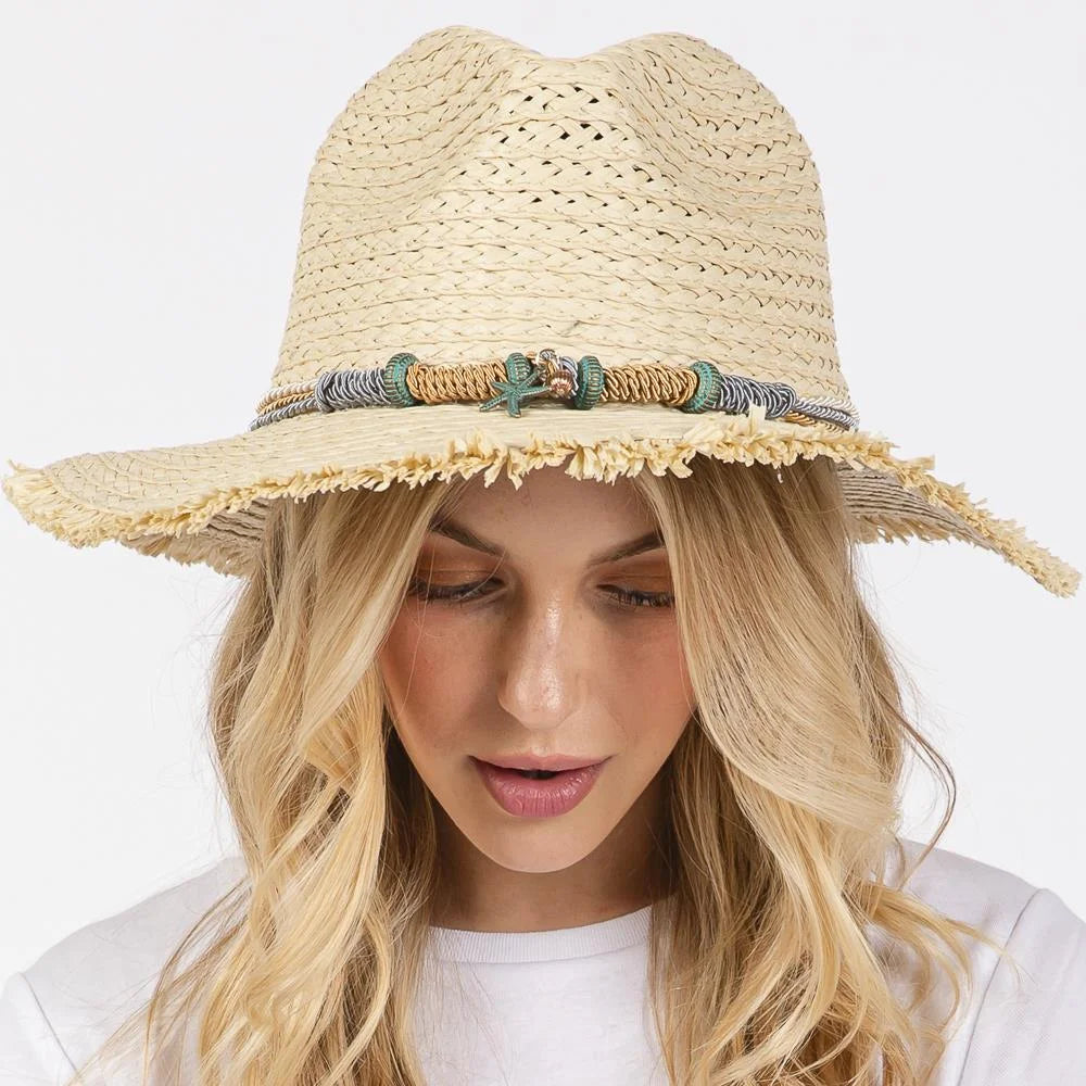 Woven straw hat with braided starfish band, stylish starfish band straw sun hat