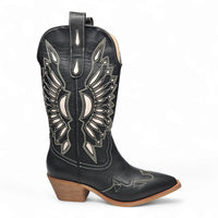 Black leather cowboy boot with white wing stitching, calf-high design for Britney Cut Out Western Boots