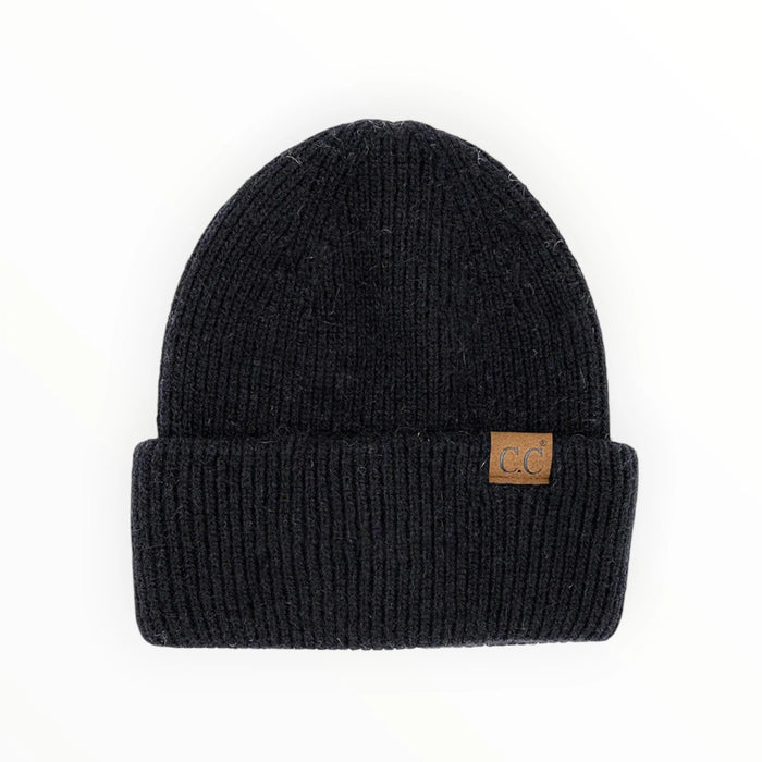 Black knit C.C Double Cuff Beanie with brown leather patch for stylish warmth