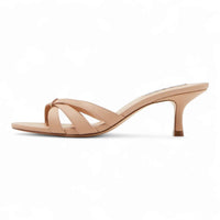 Beige Cary Strappy Mule Sandals with Toe Loop and Elegant Flared Heel