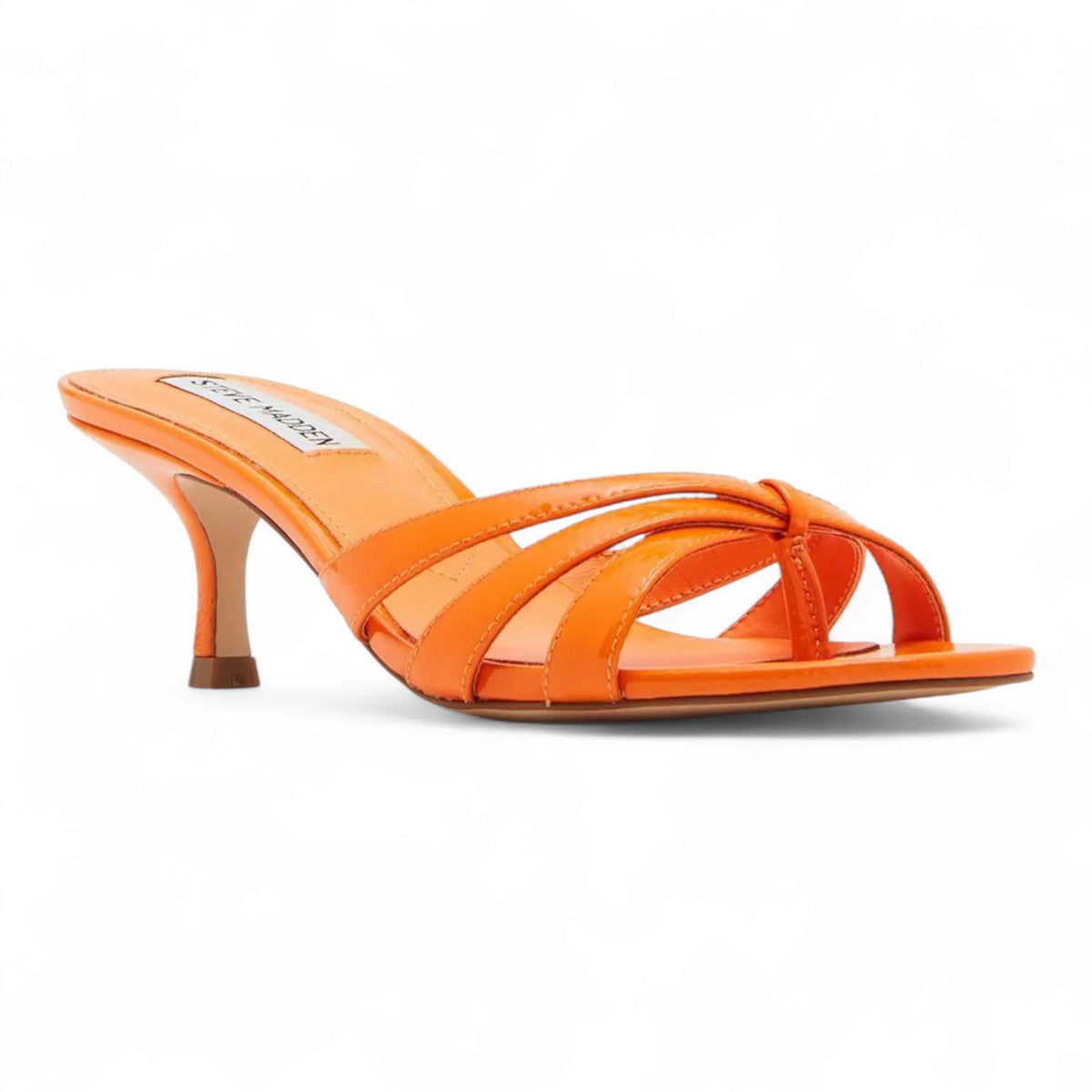 Orange heeled sandal from Cary Strappy Mule Sandals with elegant flared design