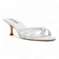 White heeled sandal from Cary Strappy Mule Sandals collection with an elegant flared design