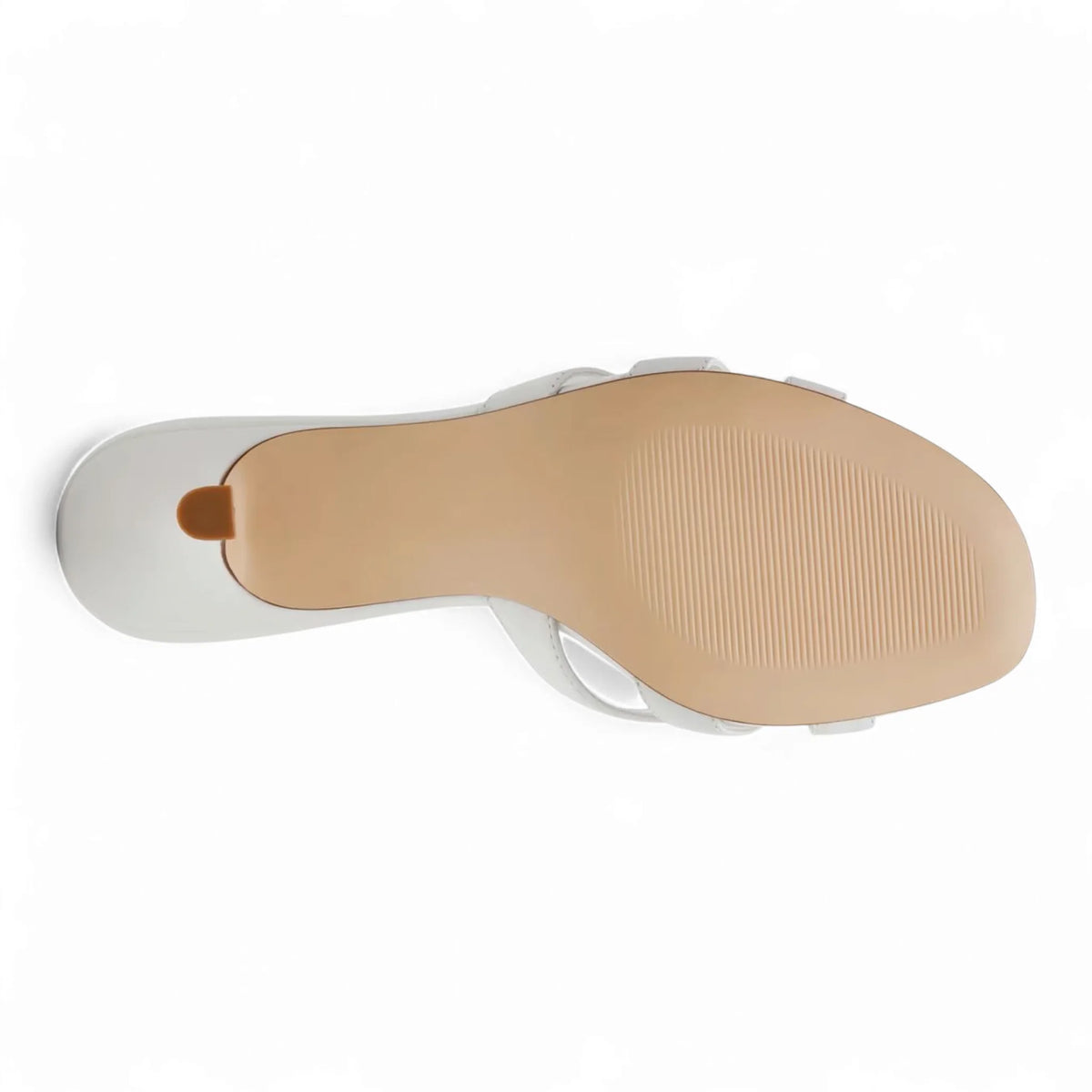 White sole of Cary Strappy Mule Sandals with an elegant flared heel design