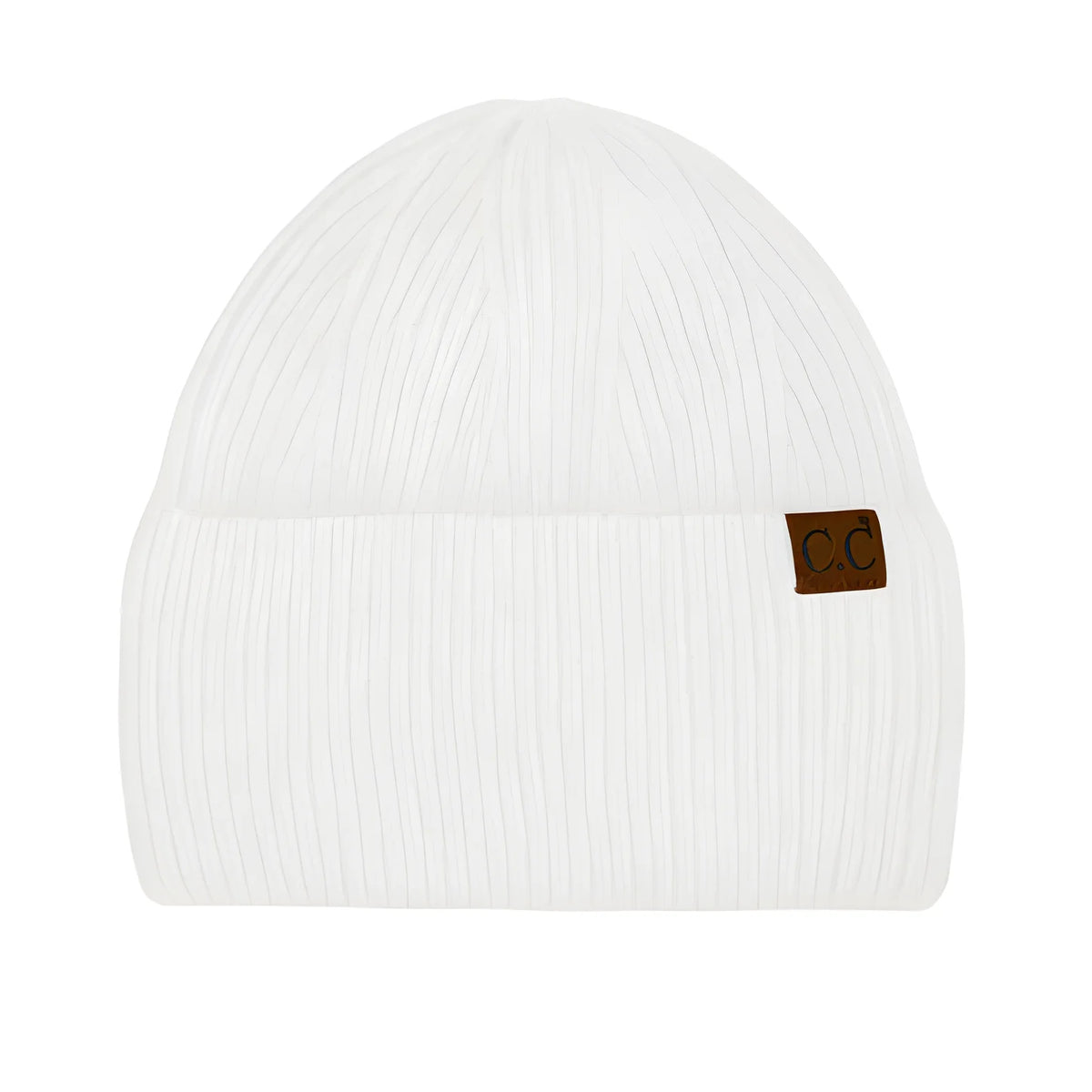White knit CC Wide Cuff Beanie with a small brown leather patch for stylish warmth