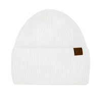 White knit CC Wide Cuff Beanie with a small brown leather patch for stylish warmth