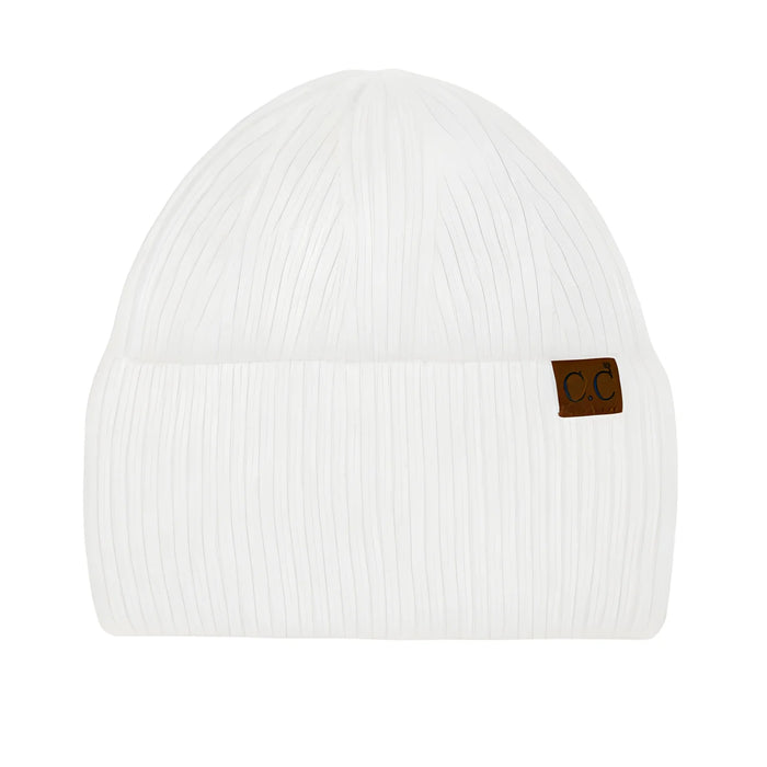 White knit CC Wide Cuff Beanie with a small brown leather patch for stylish warmth