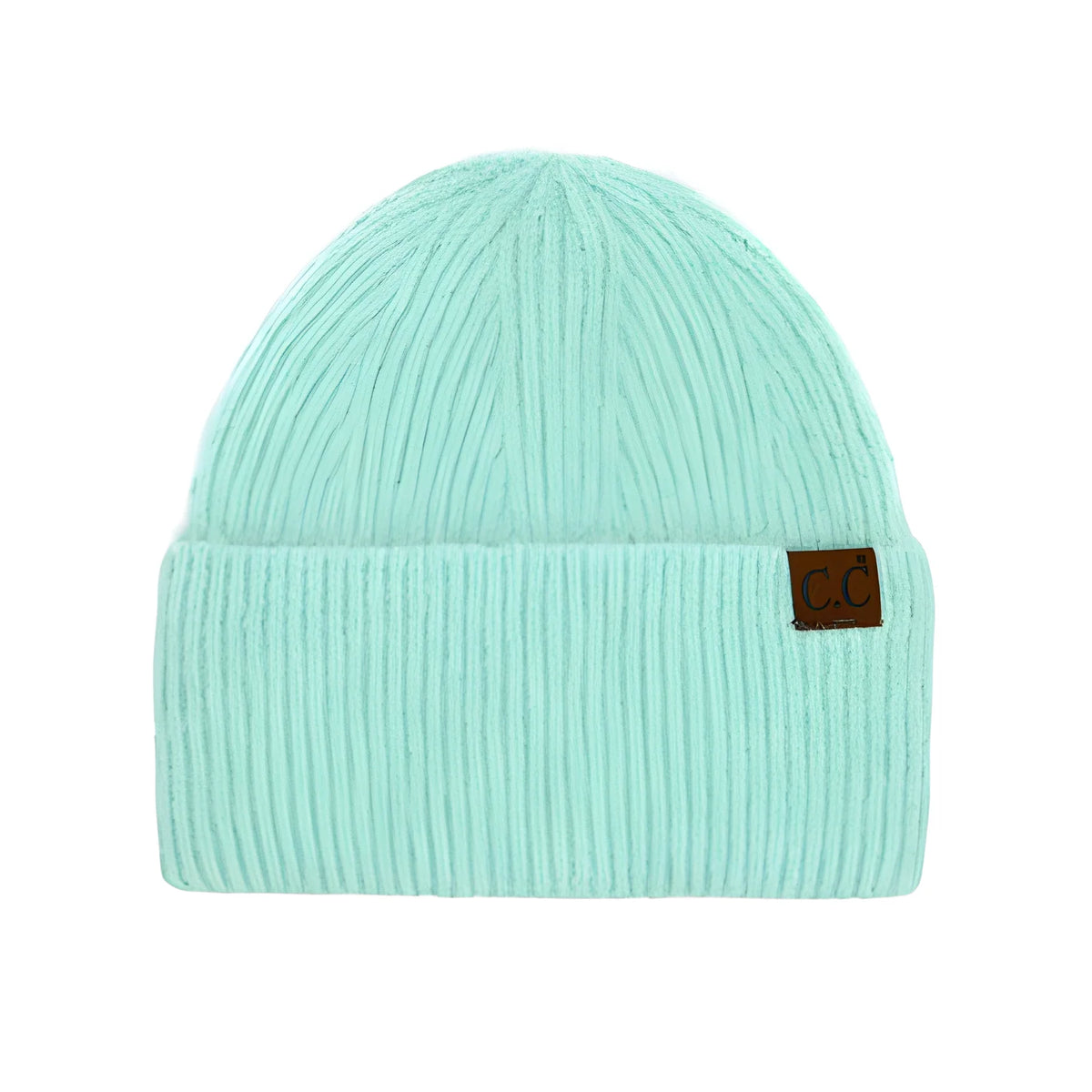 Mint green CC Wide Cuff Beanie with brown leather patch for stylish warmth
