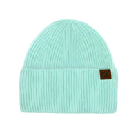Mint green CC Wide Cuff Beanie with brown leather patch for stylish warmth