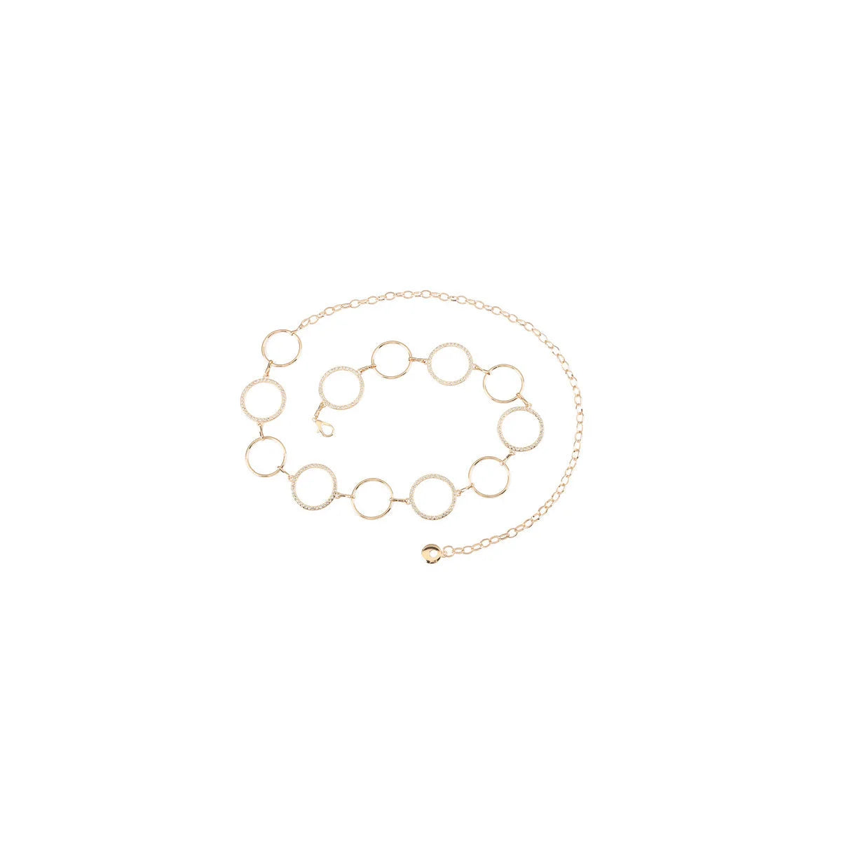 Delicate gold circle cutout chain belt featuring circular links of varying sizes