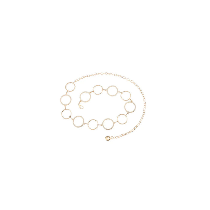 Delicate gold circle cutout chain belt featuring circular links of varying sizes