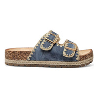 Denim Clash Double Buckle Slide stylishly features a double buckle platform sandal design