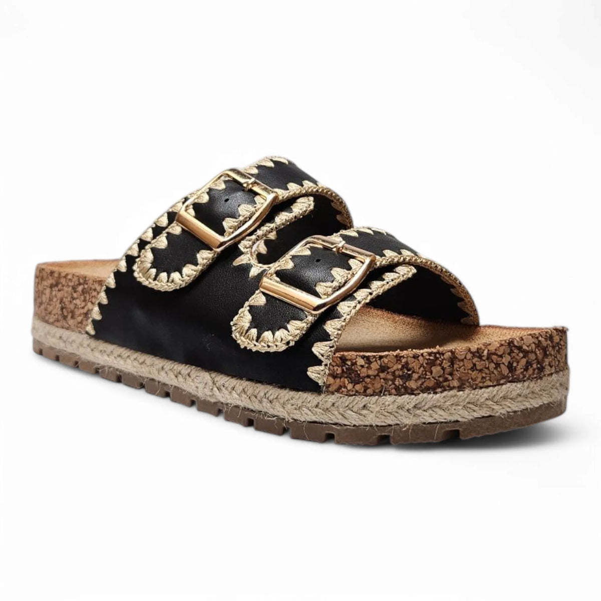 Black Clash Double Buckle Slide featuring stylish double buckle design and platform sole