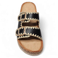 Black leather Clash Double Buckle Slide sandal featuring stylish gold buckles