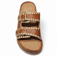 Brown leather Clash Double Buckle Slide sandal featuring stylish double buckle design