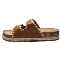 Brown leather Clash Double Buckle Slide sandal with cork sole for comfort and style