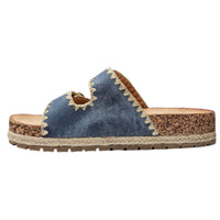 Denim and cork platform sandal featuring the Clash Double Buckle Slide design