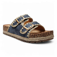 Denim and cork sandal featuring a stylish design of the Clash Double Buckle Slide