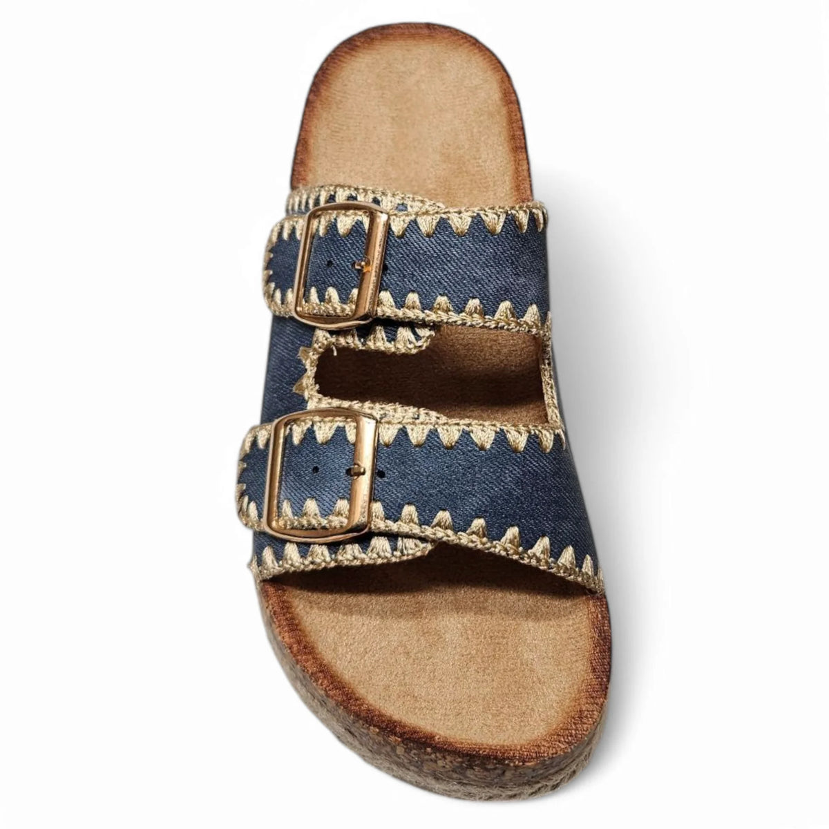 Denim double-strap sandals featuring a Clash Double Buckle design for stylish comfort