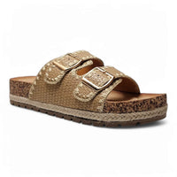 Gold woven double buckle sandals from Clash Double Buckle Slide collection