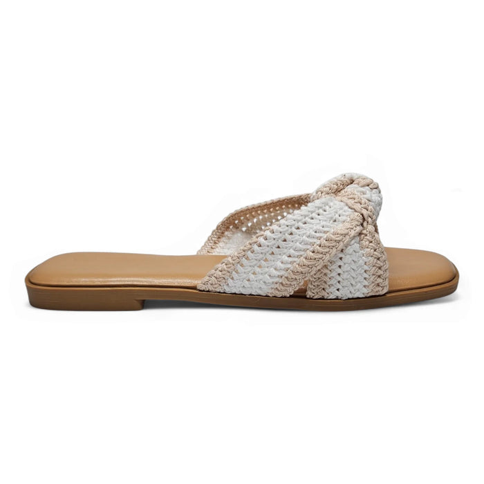 Tan and white woven slide sandal showcasing the Concept Crochet Knot Slide with stylish design