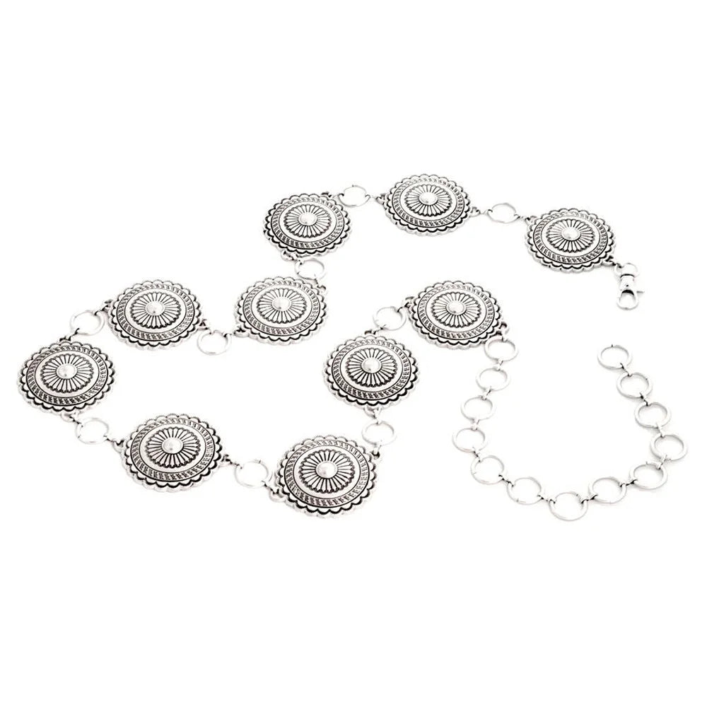Silver concho belt featuring a stylish concho chain design for a trendy chain belt look