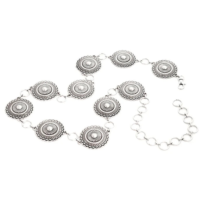 Silver concho belt featuring a stylish concho chain design for a trendy chain belt look
