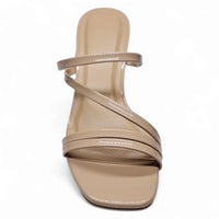 Beige Denali Strappy Kitten Heel sandal with thin straps, stylish strappy kitten heel footwear
