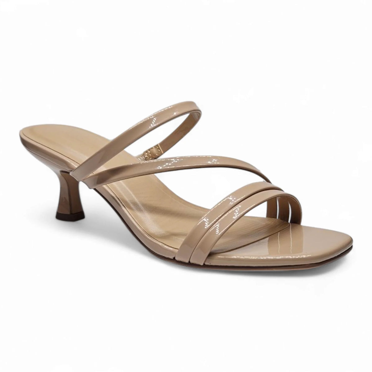 Beige patent leather Denali Strappy Kitten Heel sandal with multiple straps