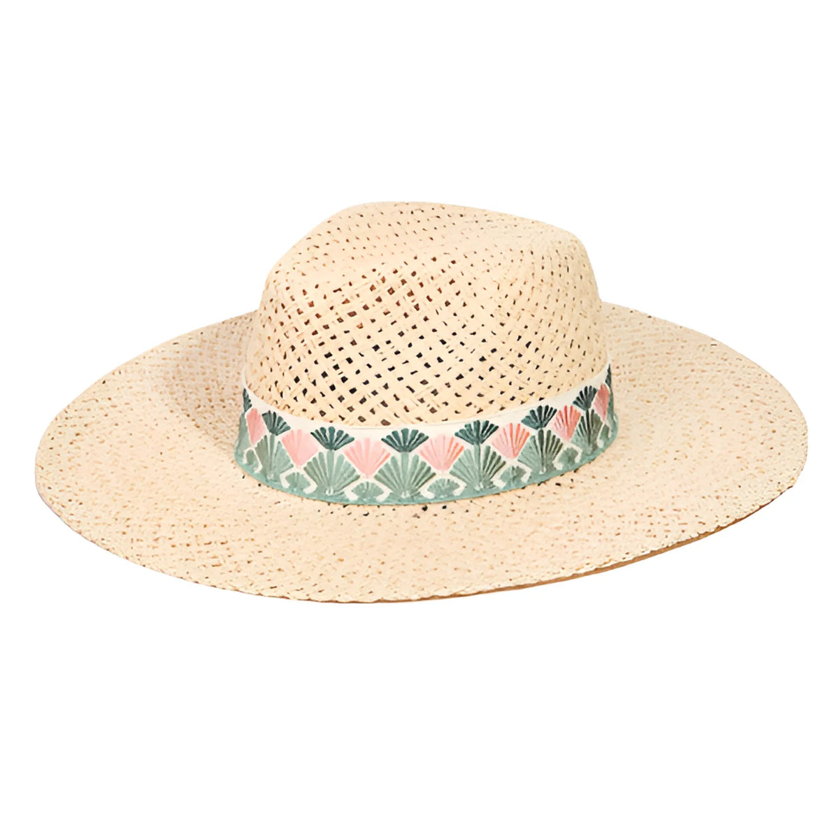 Woven straw fedora hat featuring a decorative fan pattern band for stylish sun protection
