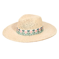 Woven straw fedora hat featuring a decorative fan pattern band for stylish sun protection