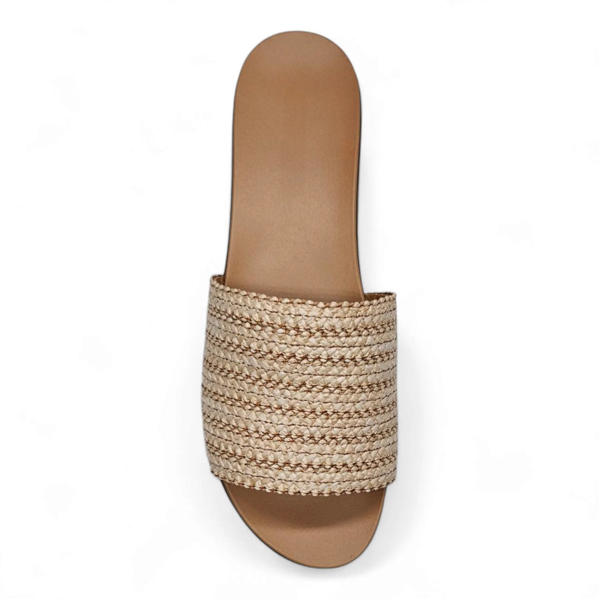 Tan woven slide sandal from Fate Raffia Slide collection showcasing stylish raffia slide design
