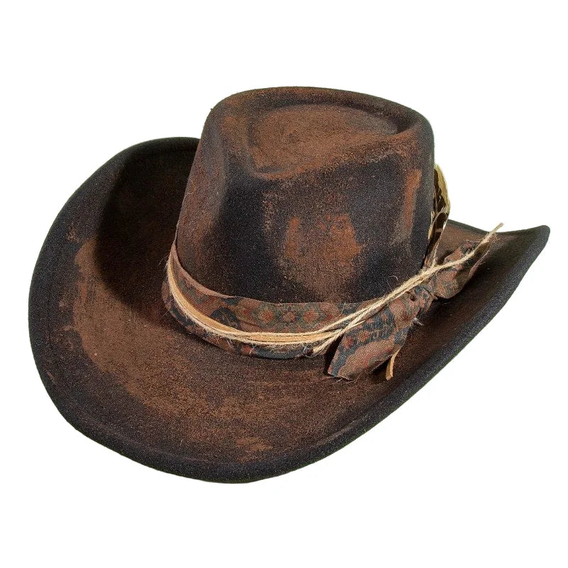 Feather Twine And Floral Strap Rustic Western Cowboy Hat - FELT HAT