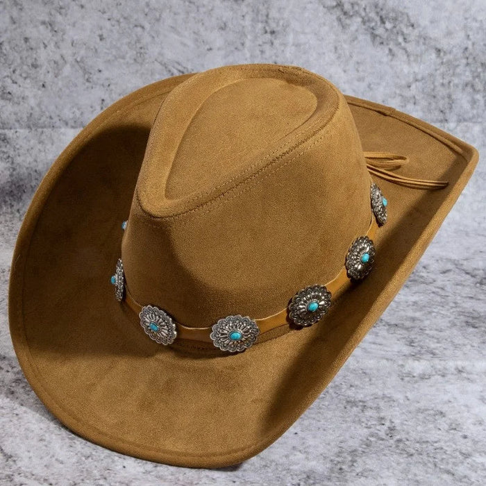 Floral Concho Disc Belt Western Cowboy Hat - Brown - FELT HAT
