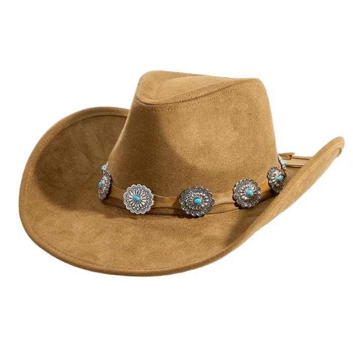 Floral Concho Disc Belt Western Cowboy Hat - Brown - FELT HAT