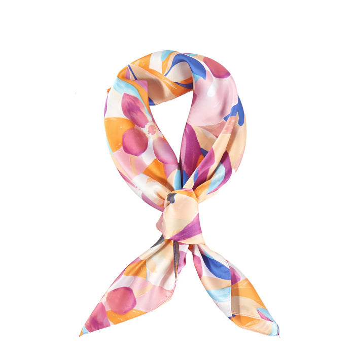 Colorful floral print silky bandana with geometric patterns tied in a loop