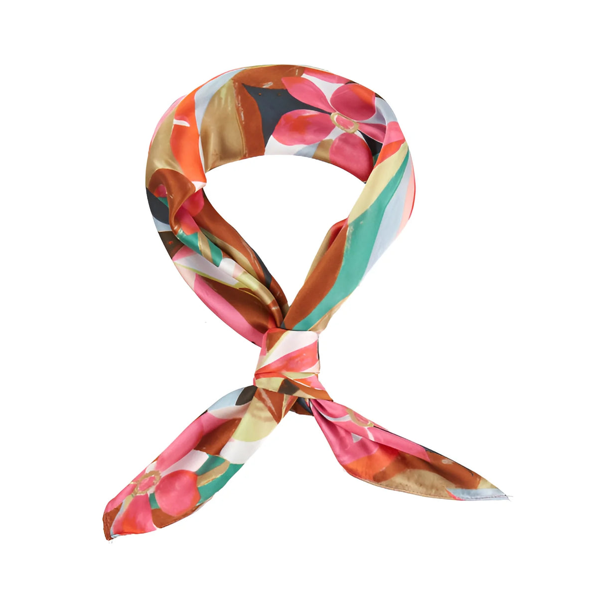 Colorful floral print silky bandana tied in a loop, perfect for stylish accessorizing