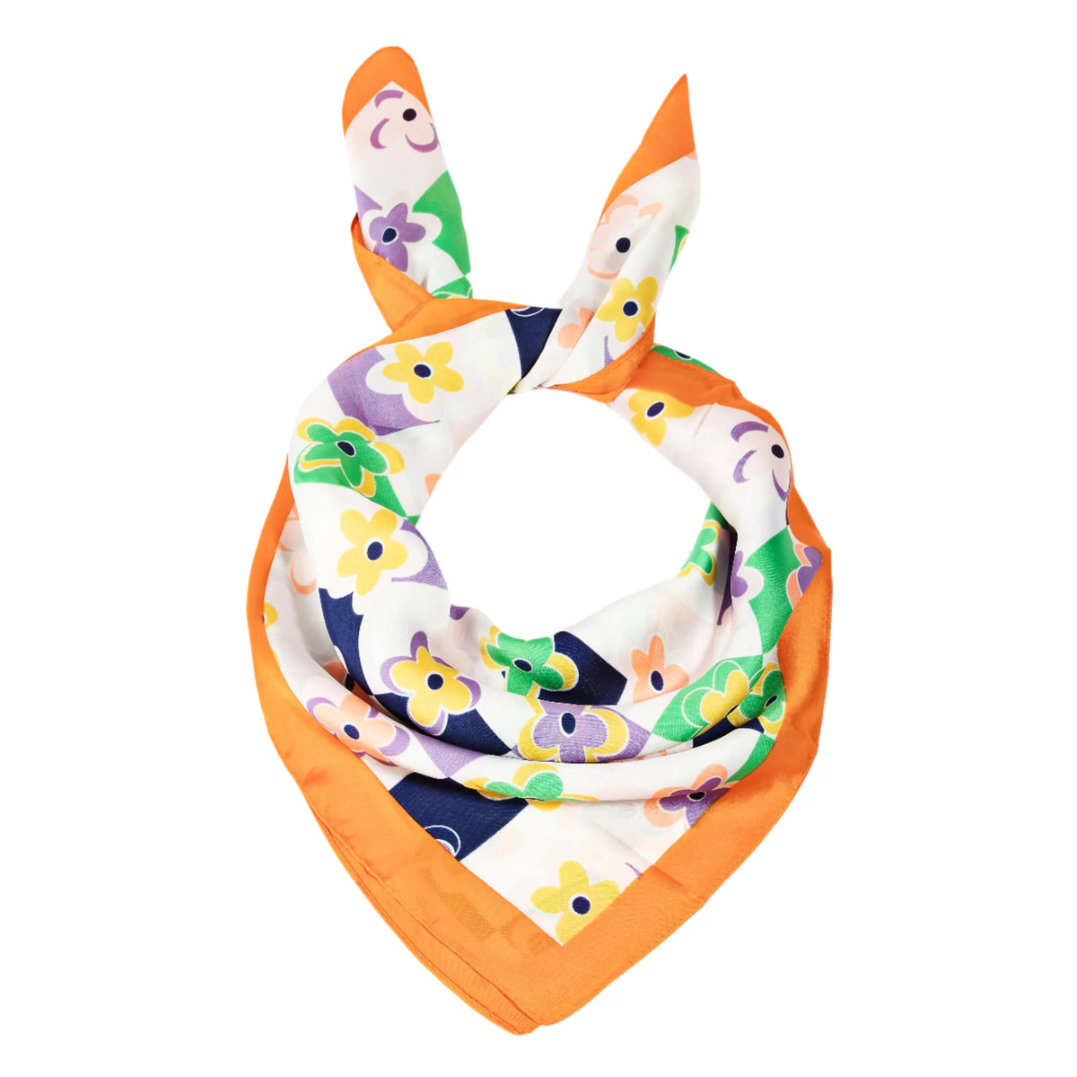 Orange-bordered floral print square scarf with vibrant patterns and stylish design