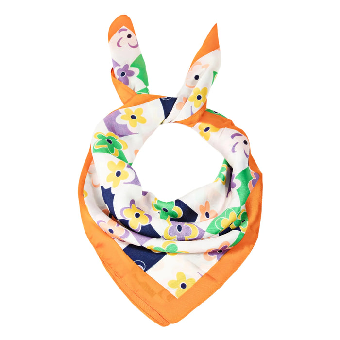 Orange-bordered floral print square scarf with vibrant patterns and stylish design