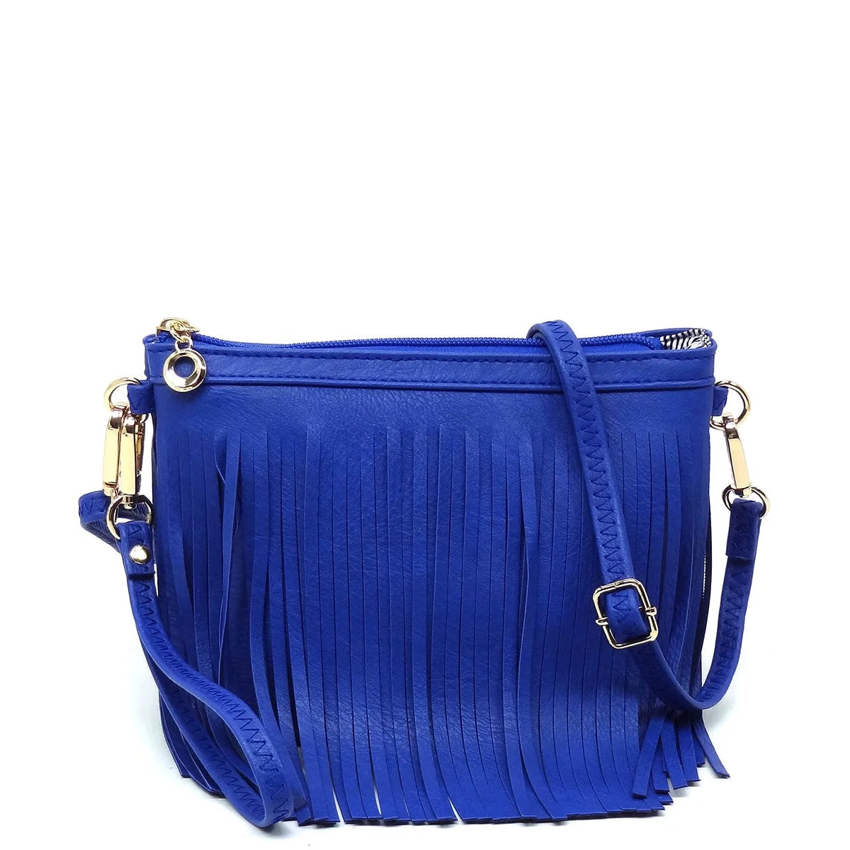 Bright blue fringe crossbody bag with gold hardware for stylish casual looks