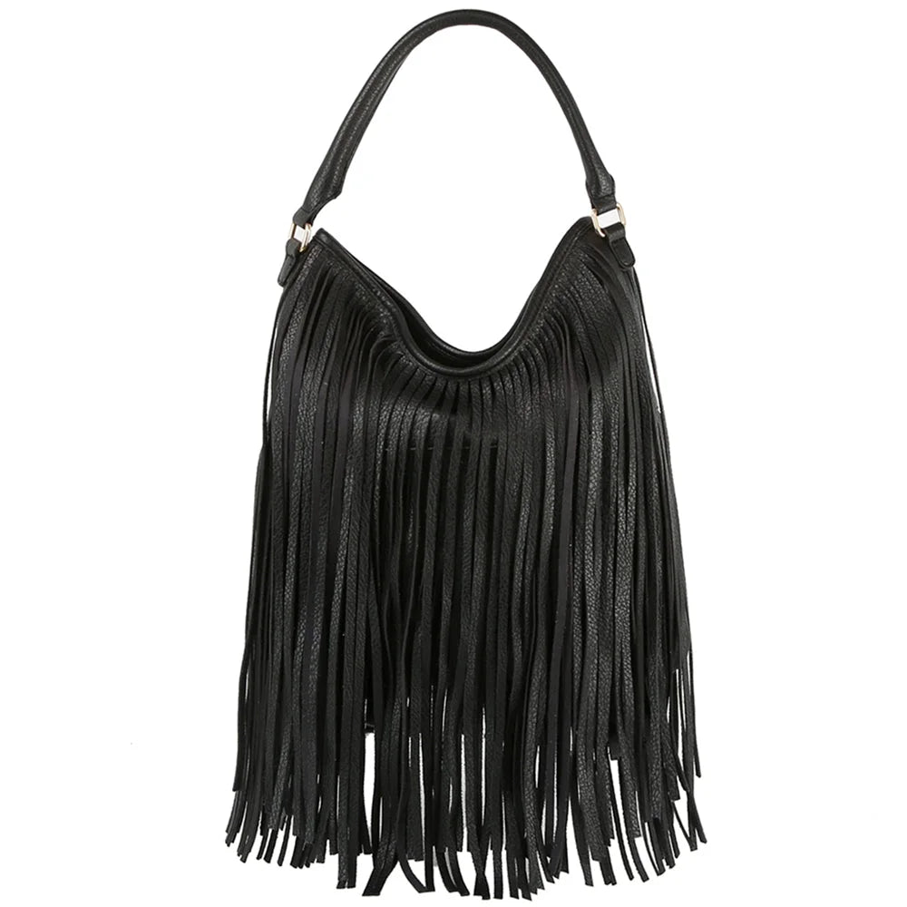 Black fringe handle hobo bag with stylish fringe handle for a trendy look