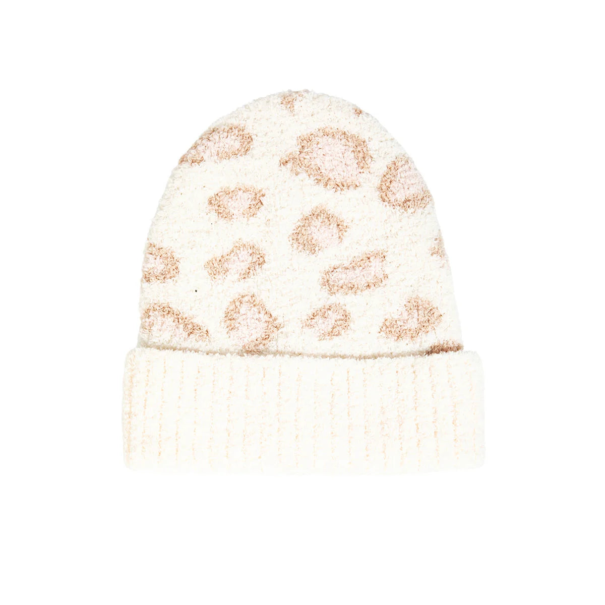 White knit beanie featuring pale pink leopard print pattern for a stylish look