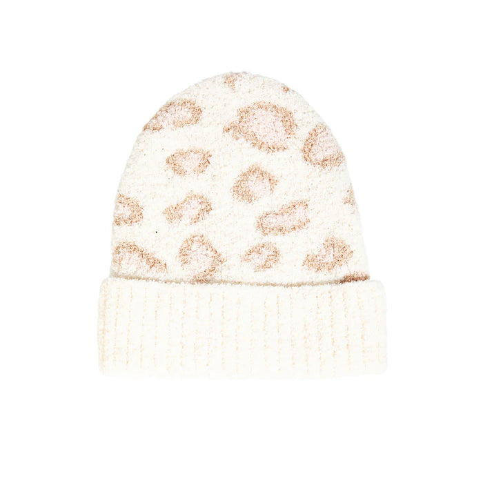 White knit beanie featuring pale pink leopard print pattern for a stylish look