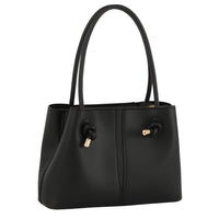 Black leather Handle Satchel with double handles and decorative toggle closures