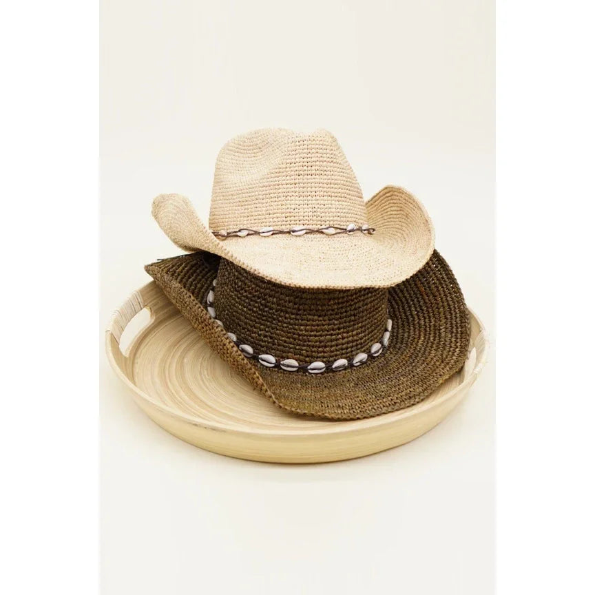 Two straw cowboy hats on a tray for the Kalani Raffia Western Rancher with Wire Brim