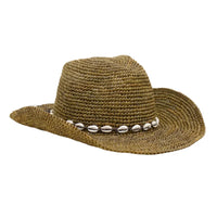 Brown woven cowboy hat with shell embellishments for the Kalani Raffia Western Rancher