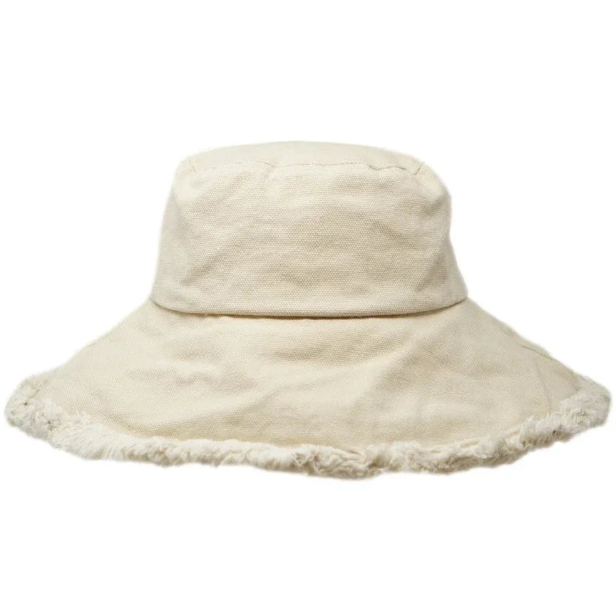 Beige fringed bucket hat from Keanu Twill Raw Edge Bucket Hat collection