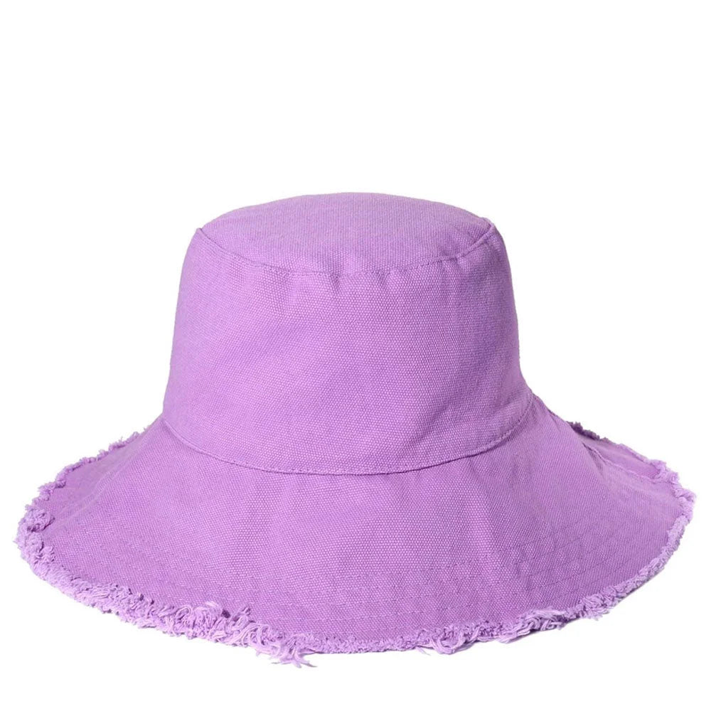 Purple frayed-edge bucket hat from the Keanu Twill Raw Edge collection