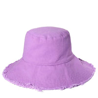 Purple frayed-edge bucket hat from the Keanu Twill Raw Edge collection